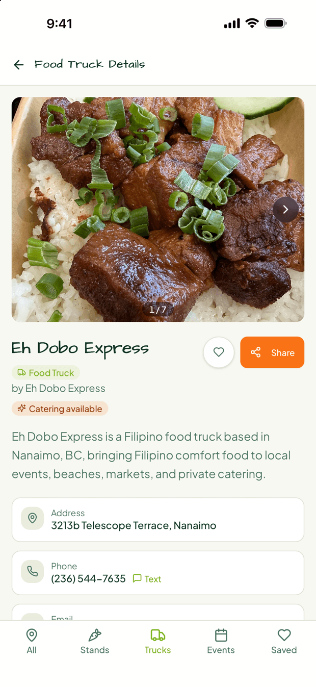 A food truck listing with photos, hours and directions